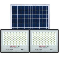 Cumpără acum Set 2 proiectoare LED cu Panou Solar Senzor de miscare, Telecomanda, Waterproof, 200 LED-uri incorporate, 200W, 22x20 cm, IP67, Design Modern, Negru de pe Sellect.ro