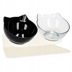 Cumpără acum Castron - bol - pentru caine - pisica - dublu - cu suport - plastic - alb si negru - model pisica - 2x13 cm de pe Sellect.ro